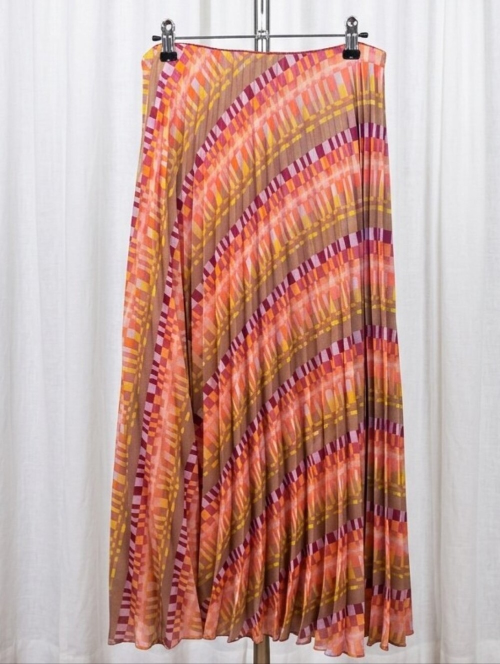 Oilily Diagonal Stripe Pleated Maxi Skirt in Pink, Gold & Purple